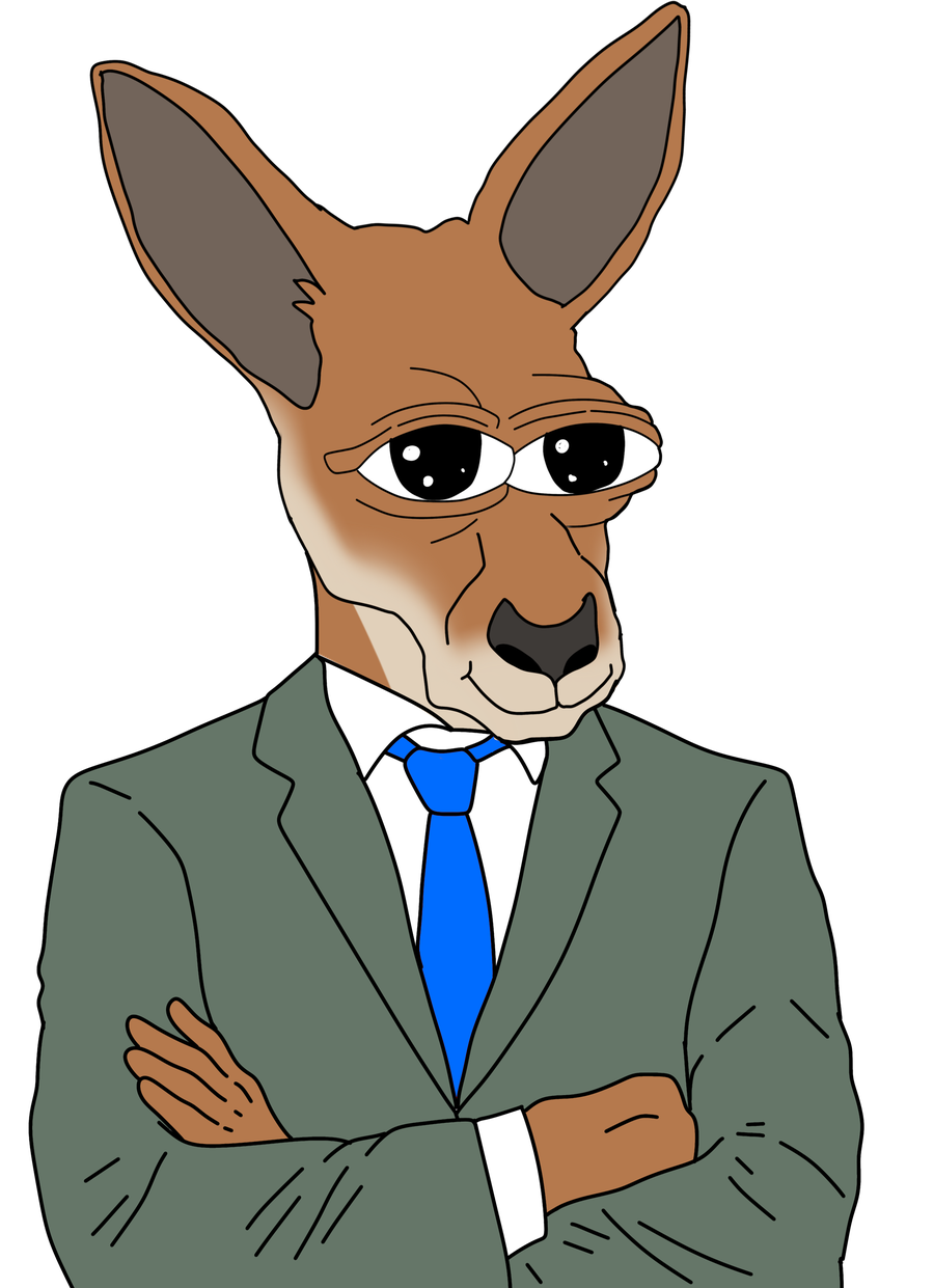 RURU the Kangaroo in a suit, arms crossed